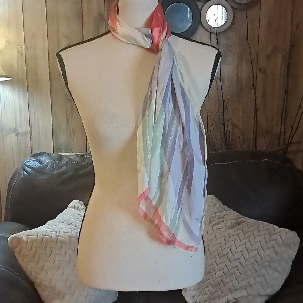 Oscar de la Renta Oblong Pastel Silk Scarf with Metallic Threads Frayed Vintage
